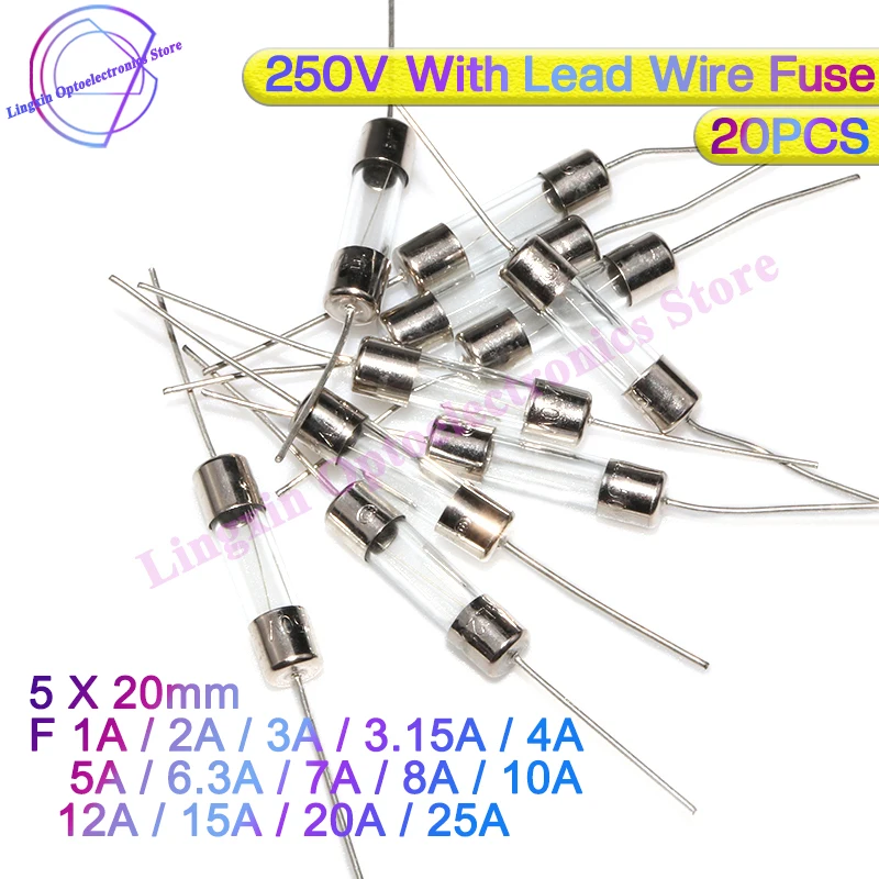 20PCS 5*20mm Axial Glass Fuse Fast Blow 250V With Lead Wire 5X20 F1A/2A/3.15A/4A/5A/6.3A/7A/8A/10A/12A/15A/20A/25A The fuse tube