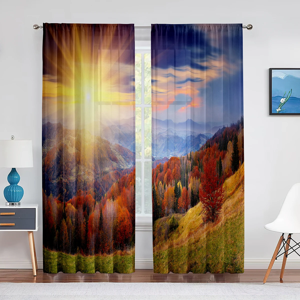 

Осенние прозрачные Занавески восхода на горный лес, ландшафт для гостиной, украшение для окна спальни Voiles, утренняя Тюлевая занавеска