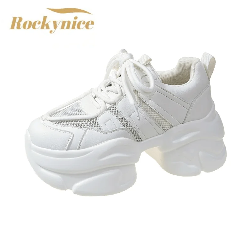 Women Chunky Leather Sneakers Platform Ulzzang Sports Shoes Summer Thick Bottom Women's Breathable Mesh Wedges Casual Shoes 7CM