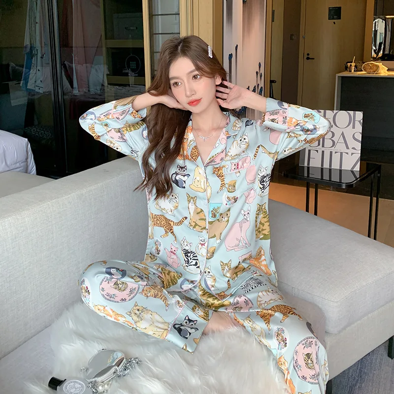 High Quality Women's Pajamas Set Luxury Pet Cats Pattern Sleepwear Silk Like Casual Homewear Cute Nightwear Femme Petite