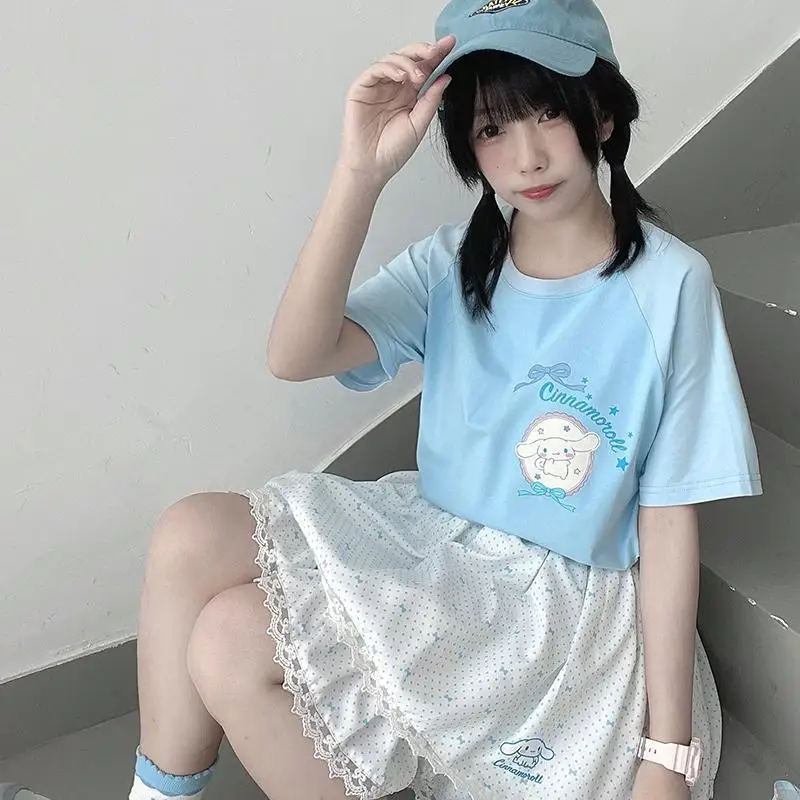 

Kawaii Genuine Sanrio Cartoon Round Neck T-Shirt Cinnamoroll Summer Printed Short Sleeves Cute Student Casual Tops Girl Gift