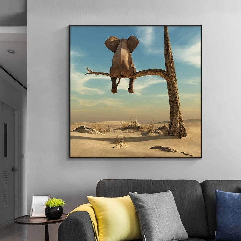 

Funny Little Elephant on Tree Canvas Paintings Wall Art Animal Picture Nordic Modern Posters and Prints for Kids Room Home Decor