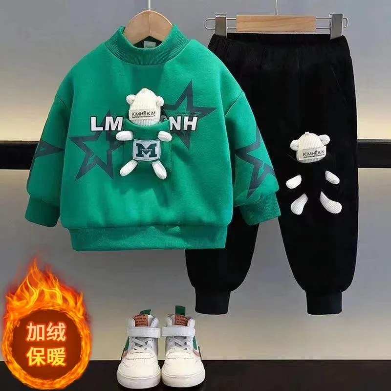 

Autumn Winter Children's Clothes Set New Boys Baby Plush Thickened Sweater Pants Casual Set Kids Sweater Set Fashion