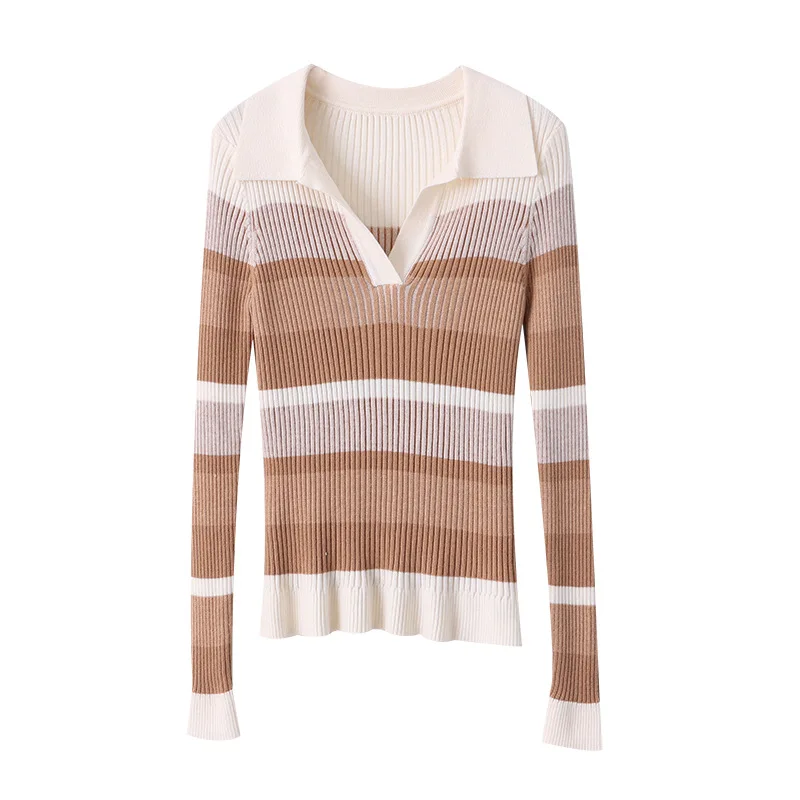

Women Ribbed Color Block Polo Sweater With Collar Knitwear 2023