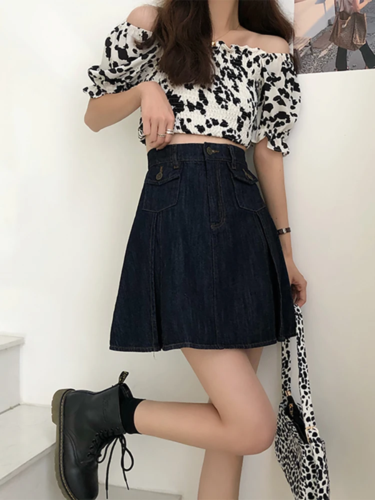 

Denim Skirt Female Summer Korean Version of The High Waist Was Thin, All-match Retro Hong Kong Flavor Pleated A-line Skirt Tide
