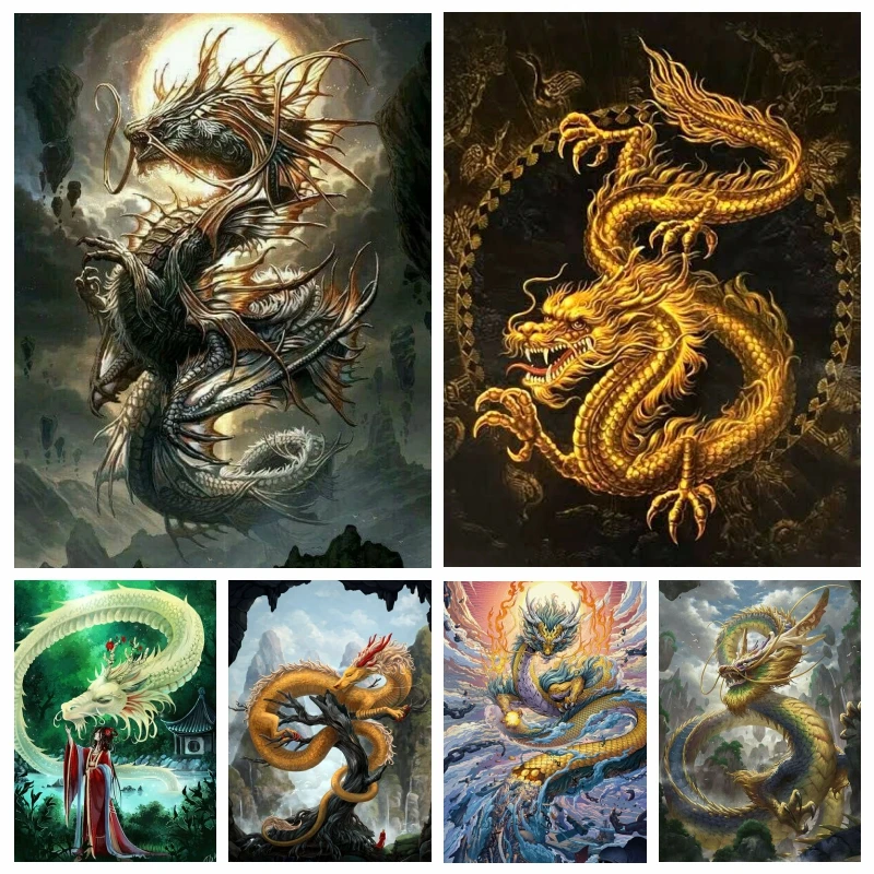 Diy 5d Eastern Chinese Golden Dragon Diamond Embroidery Painting Full Square Round Drills Cross Stitch Handicraft Kit Home Decor