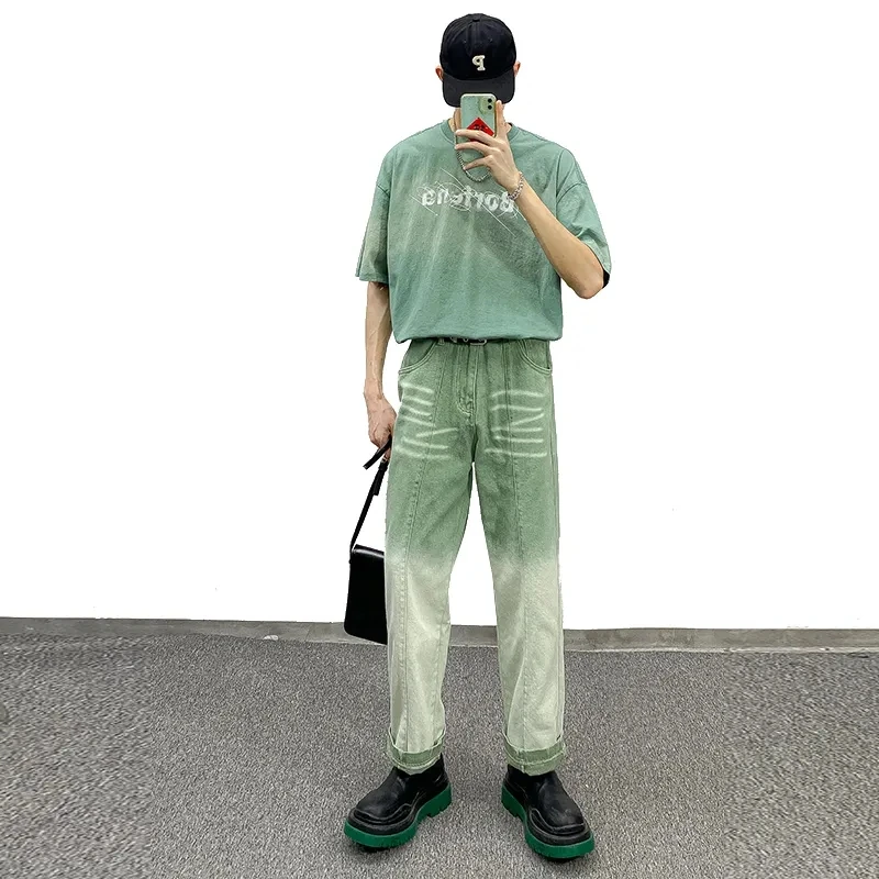 New Men'S Jeans Ins Street Tie-Dye Gradient Green Straight Loose Jeans Men'S And Women'S Casual Trousers Hot Sale Men Clothing