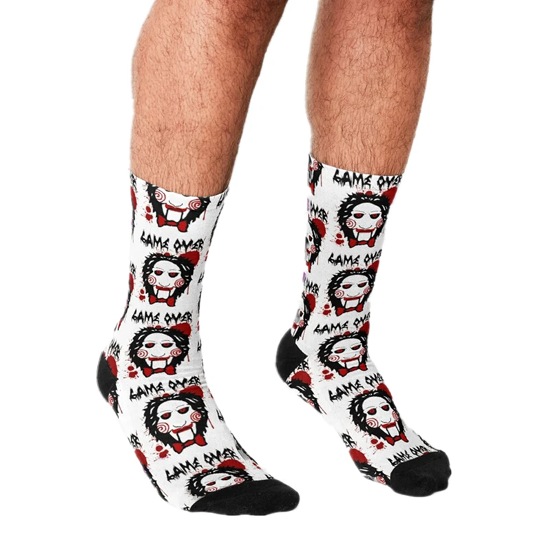 

Funny Socks Billy Puppet Saw Jigsaw Inspired Men Socks harajuku Happy halloween hip hop Novelty Skateboard Casual Crazy Socks