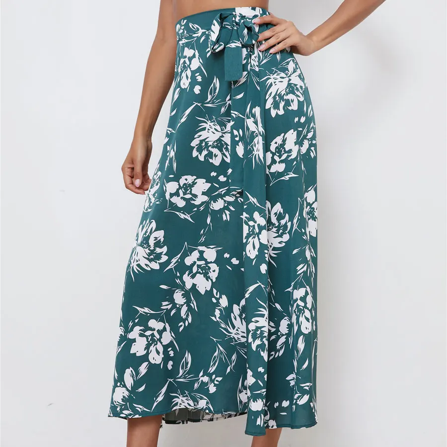 

2022 Summer Maxi High Elastic Waist Floral Print Women Skirt Lace Evening Party Female Dress C19N7