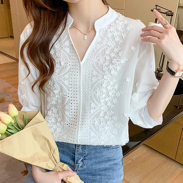 Blusa de manga curta feminina com decote em v roupas femininas moda verão topos 2022 bordado algodão branco camisas blusas 14204 5