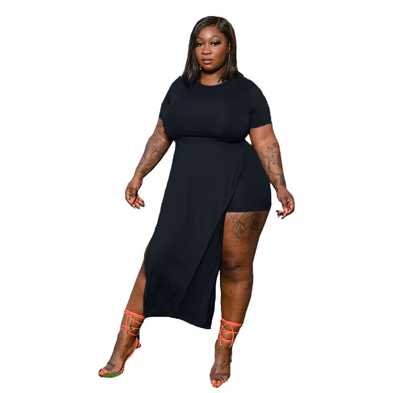 Plus Size Dress Large Women's Summer New Fashion Irregular Hemline Solid Color Dresses O-neck Fitting Casual Female Clothes