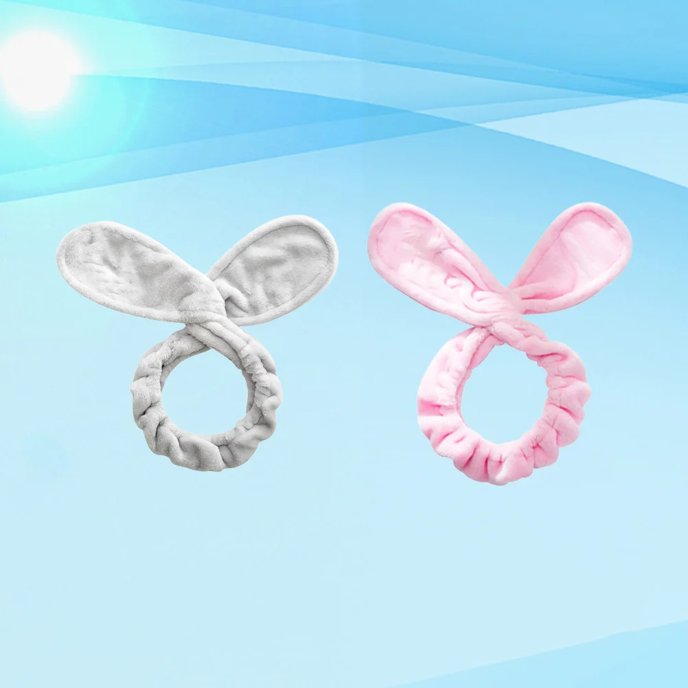 

2pcs Bunny Ears Headbands Makeup Washing Headbands Flexible Elastic Hair Bands Headwraps for Shower SPA Yoga (, Grey )