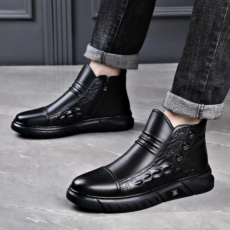 Ботильоны мужские кожаные плюшевые ботинки Челси непромокаемые низкие на мягкой