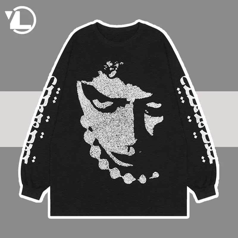 

Mens Harajuku Sweatshirt Vintage Retro Japanese Style Anime Portrait Print Streetwear Cotton Pullover 2022 Spring Autumn Tops