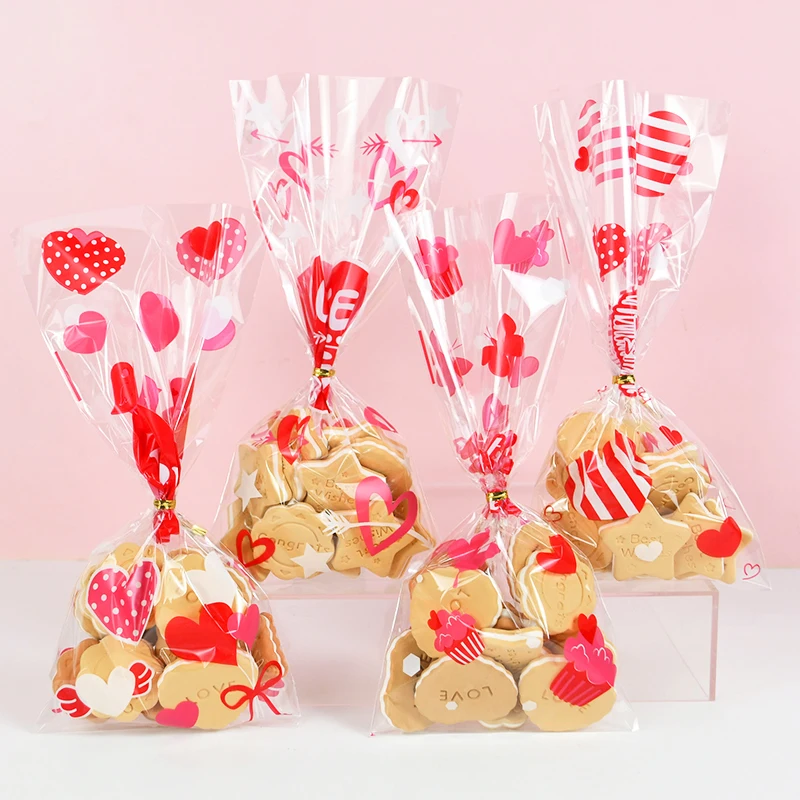 

50pcs Valentine's Day Candy Bags Cellophane Cookie Treat Bags Clear Plastic Packing Pouch for Wedding Party Favor Gifts Bag