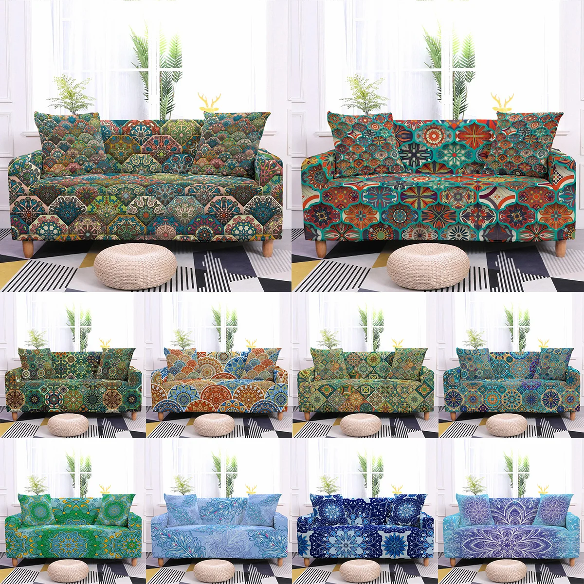 

Sofa Covers for Living Room Elastic Mandala Corner Couch Cover 1/2/3/4 Seater L Shaped Chaise Longue Slipcovers Chair Protector