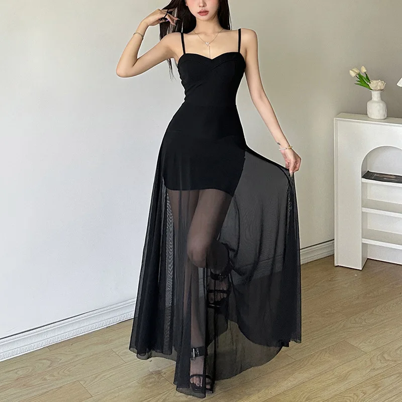 Летнее женское платье в стиле пэчворк Y2k черное Тюлевое Харадзюку тонкая туника с