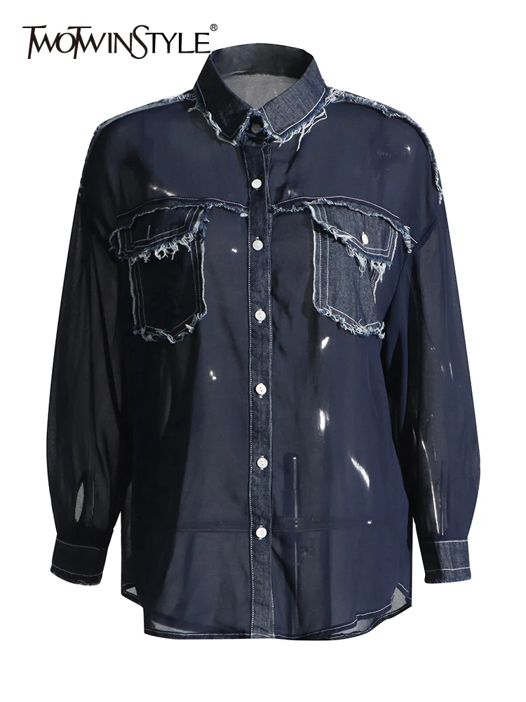 

TWOTWINSTYLE Temperament Raw Hem Shirt For Women Lapel Long Sleeve Patchwork Single Breasted Casual Chic Blouse Fashion Clothing