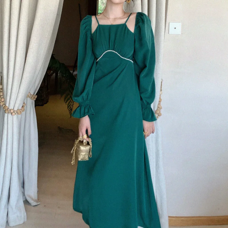 

Elegant Retro Solid Midi Dress Women French High Waist Party Sexy Dress Female Casual Fashion Slim Vintage Dress Trend Sundress