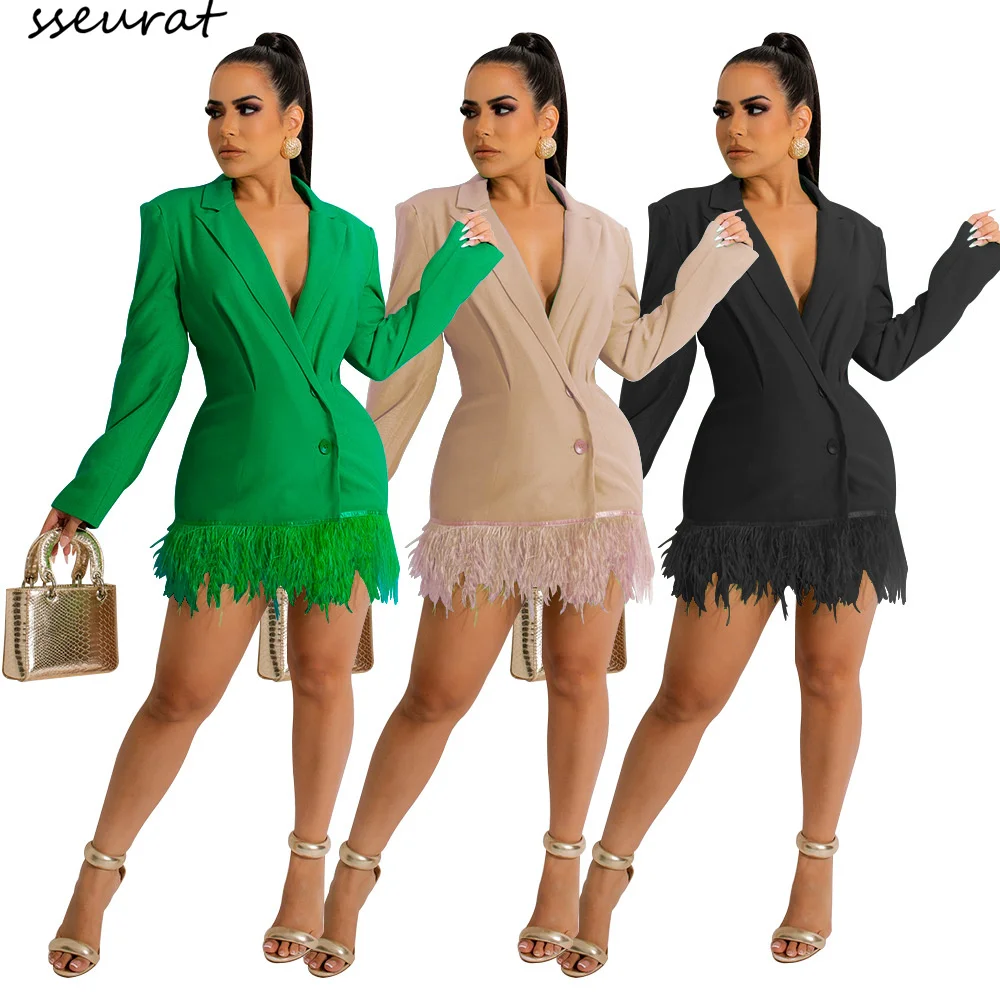 

Женский блейзер, элегантное платье-мини с пушистыми перьями и рюшами на пуговицах