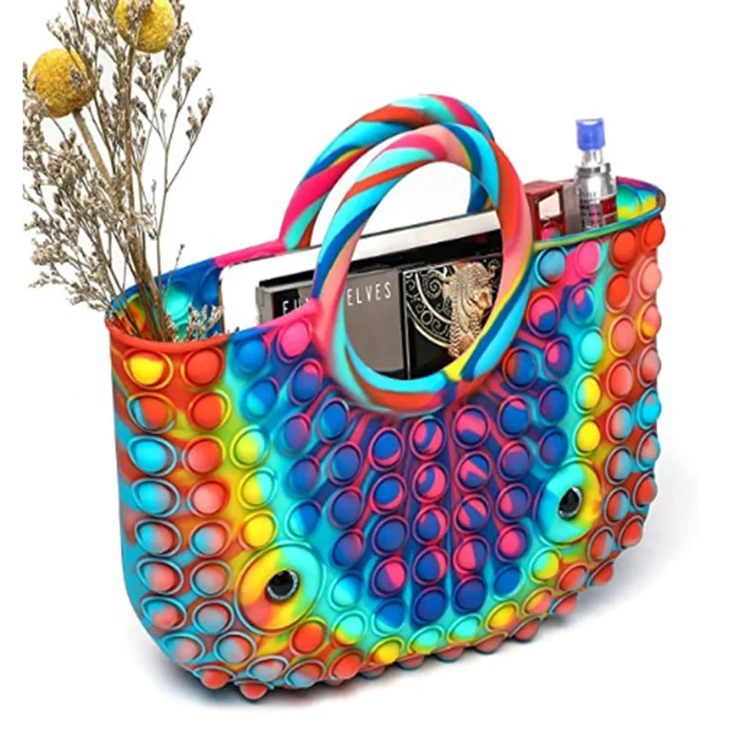 

Hot Selling Fashion Silicone Handbag Trend Bag Bubble Music Lady Shopping Handbag Large Capacity Rainbow Color Shopping Bag