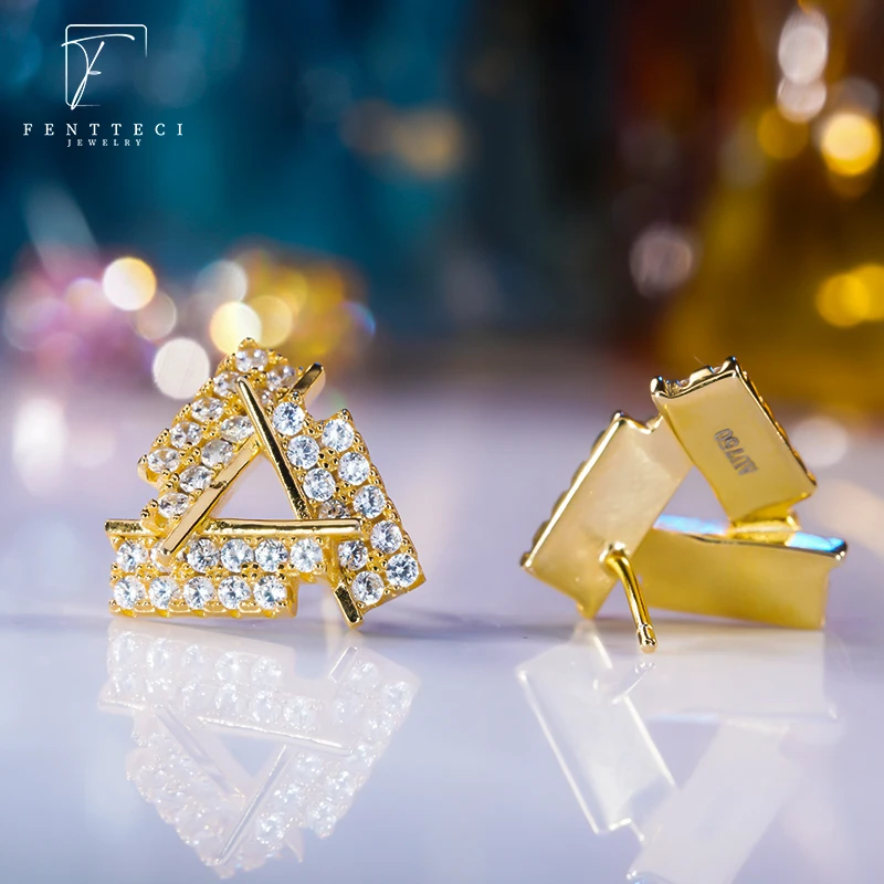 FENTTECI 925 Sterling Silver Triangle Earrings Female Simulation Diamond Fashion Temperament Short Prismatic Earrings Female