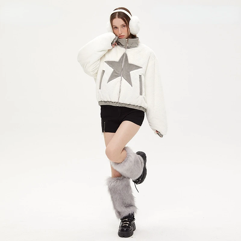 Plush Soft Waxy Five-pointed Star Pattern Lapel Color-blocking Cotton Coat for Women Small Design Sense Top Women
