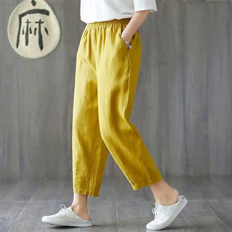 Womens Spring Summer Pants Cotton Linen Solid Elastic waist Candy Colors Harem Trousers Soft high quality for Female ladys M-4XL