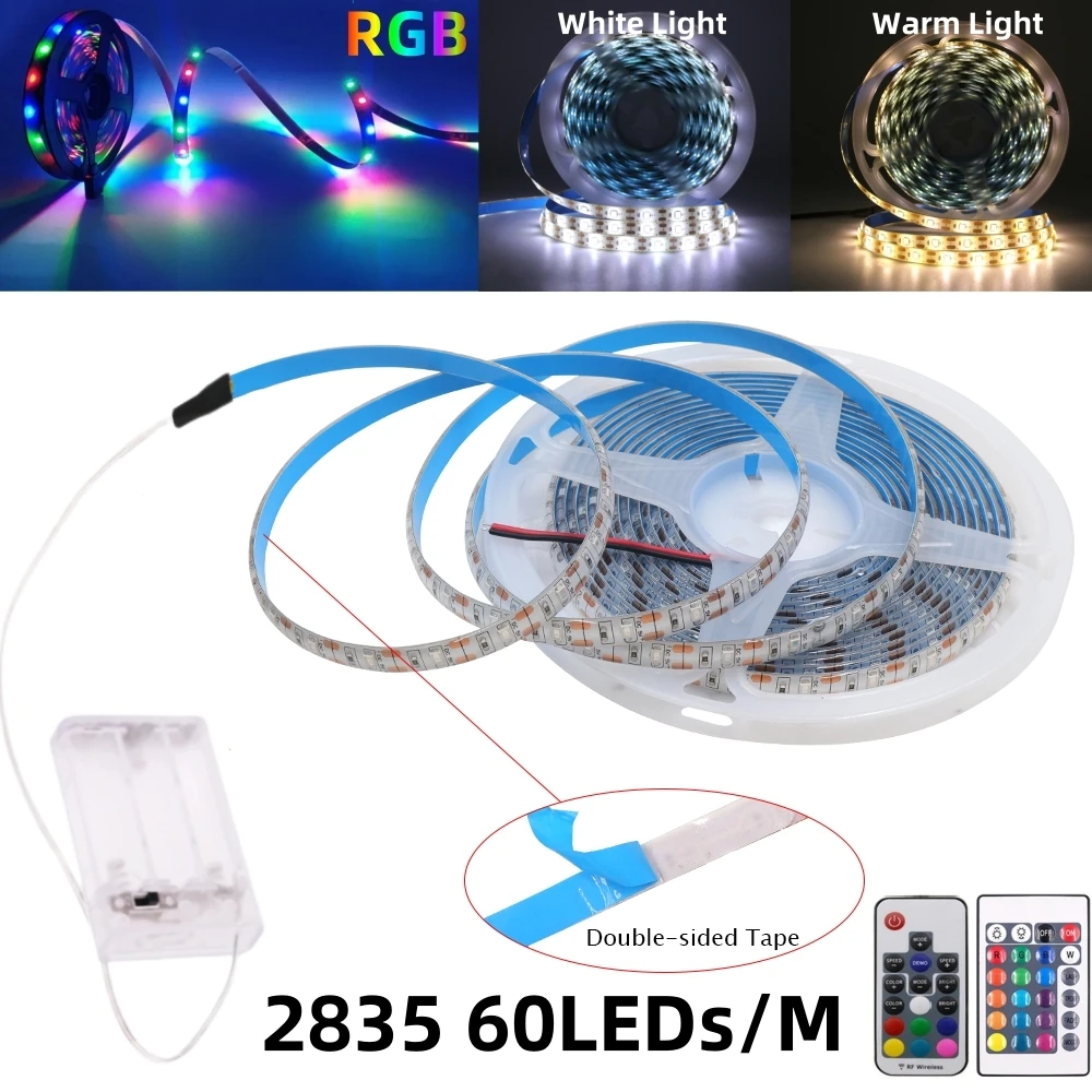 Фото Светодиодная лента с питанием от батарейки AAA, 5 В, белая, теплая, RGB 2835, 60 светодиодов/м, гибкая, 50 см, 1 м, 2 м, 3 м, 5 м, подсветка телевизора, ночная лента с диодами №2