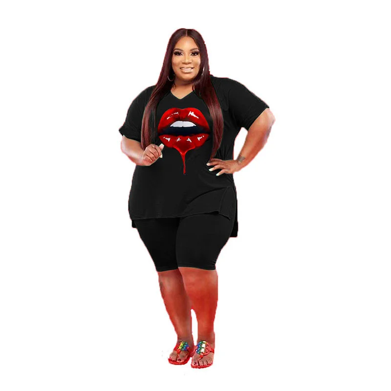 Plus Size Women Sets Green 5xl Fashion v Neck Short Sleeve Shorts Set 4xl Cartoon Lip Print Shorts Sets Womens 3xl 4xl 5xl 6xl