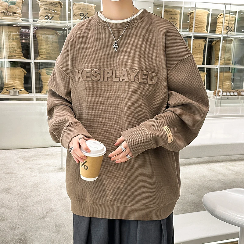 

Privathinker Waffle Sweatshirts For Men Letter Autumn Fake Two Piece Round Neck Hoodies Fashion Brand Loose Male Pullovers