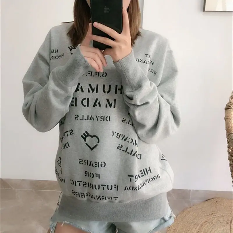

2023 Autumn/Winter Human Made Men's Hoodies Japanese Grey Letter Plush Round Neck Women's Warm Casual Cotton Pullover Sweatshirt