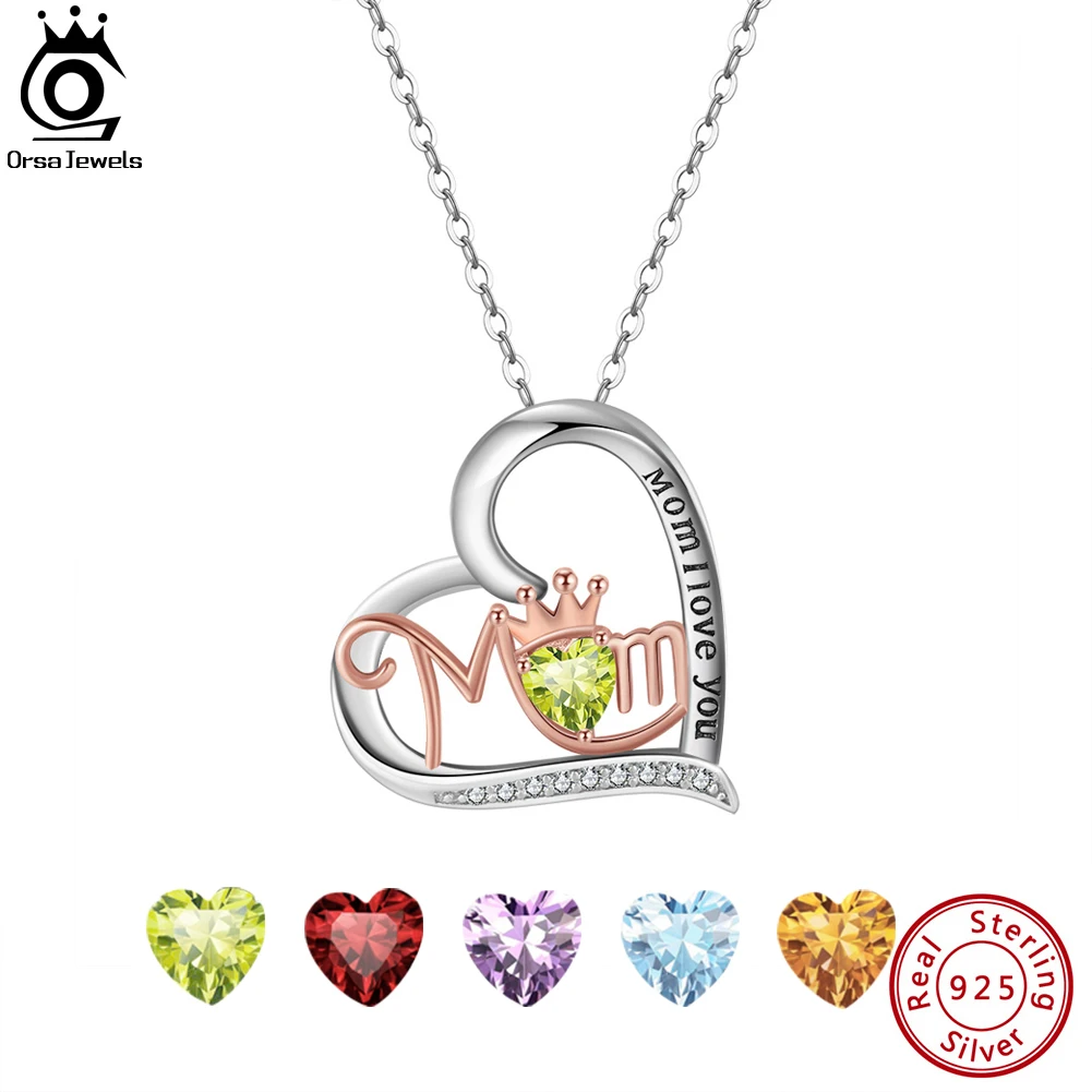 

ORSA JEWELS 925 Sterling Silver Natural Gemstone Mom Heart Pendant Necklace with Crown for Women Delicate Gift Jewelry GMN28