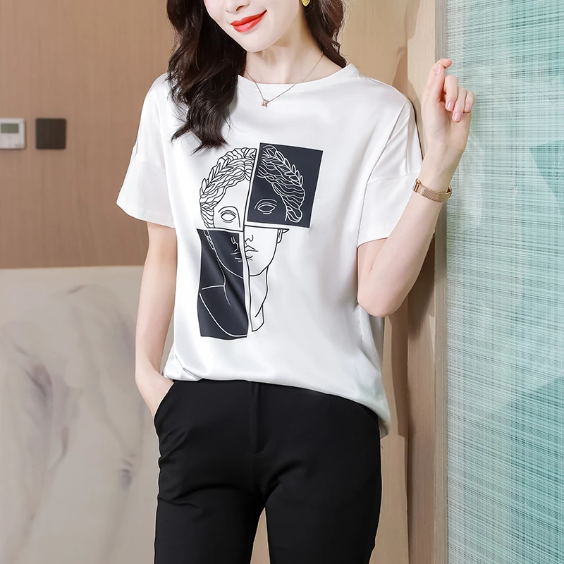 

Summer White Short Sleeve T-shirt Women O-neck Designer Korean Fashion Nylon Cotton Casual Printing Loose Tees