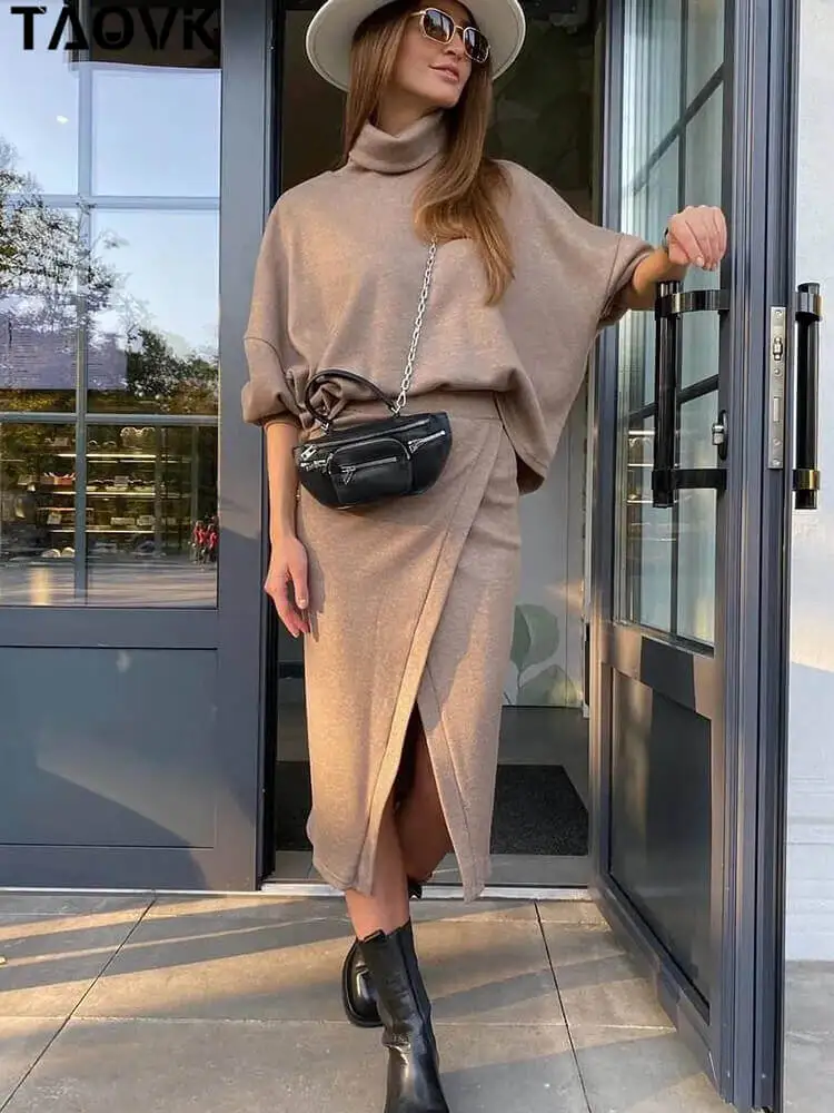 

TAOVK Women’s Skirts Suits Casual High Collar Batwing Top Sweatshirts+Split Long Skirts 2 Pieces Sets Tracksuits Outwear