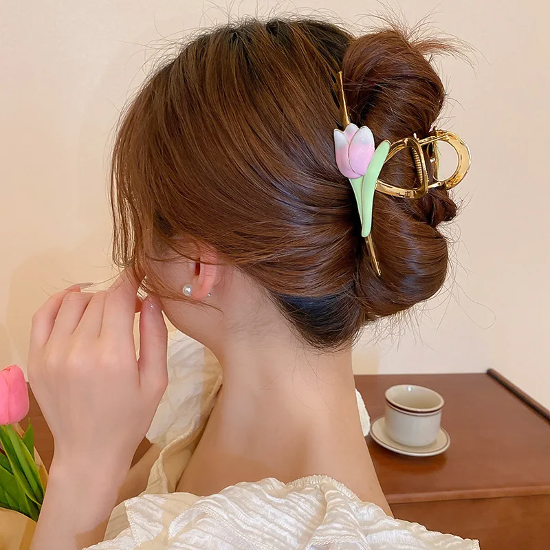 

Minar Stylish Pink Green Enamel Tulip Flower Hair Claw for Women Metallic Large Cross Geometric Shark Clips Hair Accessories