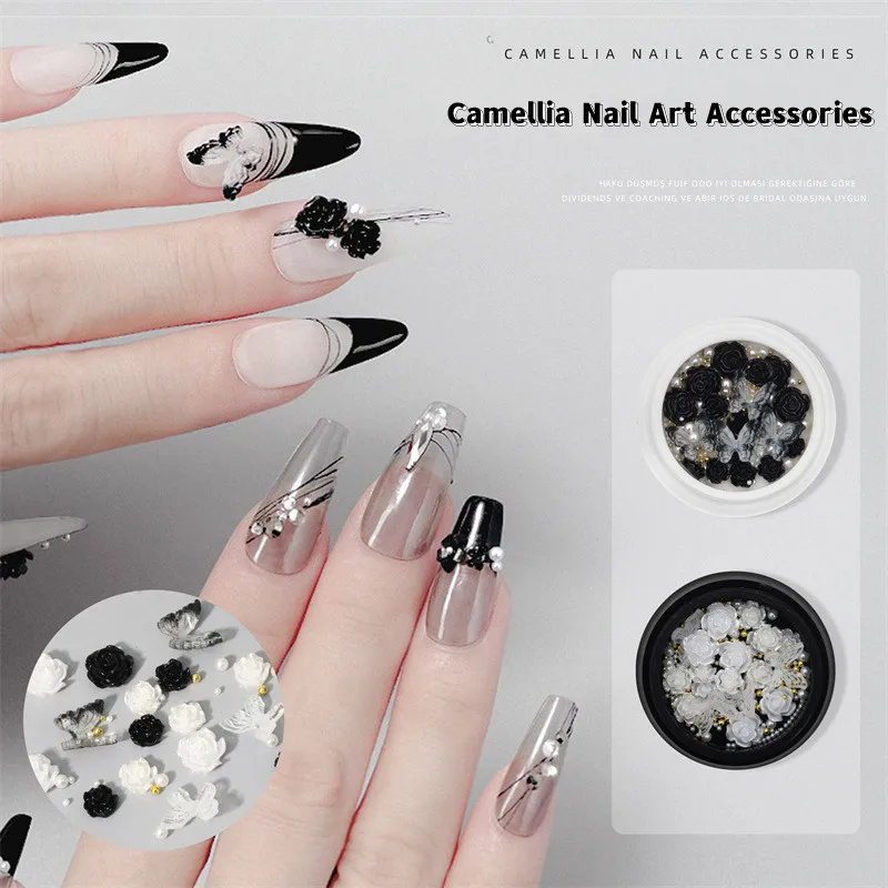 

1Box Nail Art Accessories 3D Black White Camellia Rose Pearl Stereo Butterfly Mix Nail Decorations DIY Manicure Charms Supplies