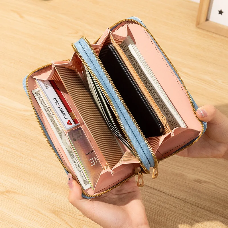 Lady Double Zipper Long Wallet PU Coin Purse Fashion Korean Style Clutch Card Holder Mobile Phone Bag Women's Wrist Bag