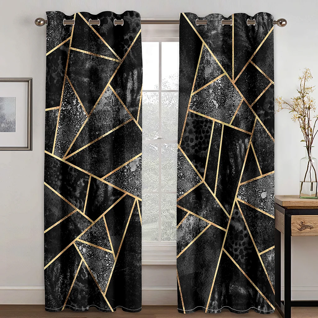 

Modern Simple European Style Curtains for Living Room Bedroom Marble Texture Black Gold Wave Floating Art Window Curtains