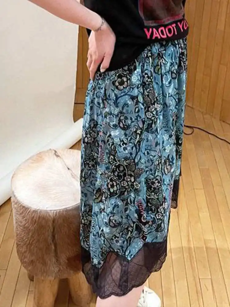 2022 Autumn New Blue Bottom Floral Print Lace Stitching Women Skirt Midi Skirt Long Sleeve Women Shirt