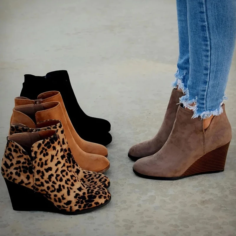 

2022 Summer Pointed Toe Booties Women Leopard Ankle Boots Lace Up Footwear Platform High Heels Wedges Shoes Woman