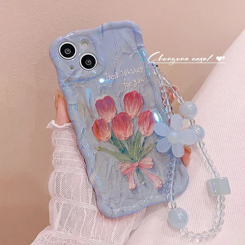 

For iphone 14 Blue light Oil Painting Tulip flowers Phone Case For iPhone 11 12 13 14 Pro Max Ladies' Gift with Pearl lanyard