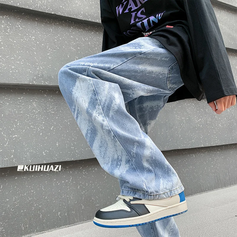 Blue Black Baggy Jeans Men Fashion Retro Casual Tie Dye Jeans Men Streetwear Hip Hop Loose Straight Denim Pants Mens Trouser