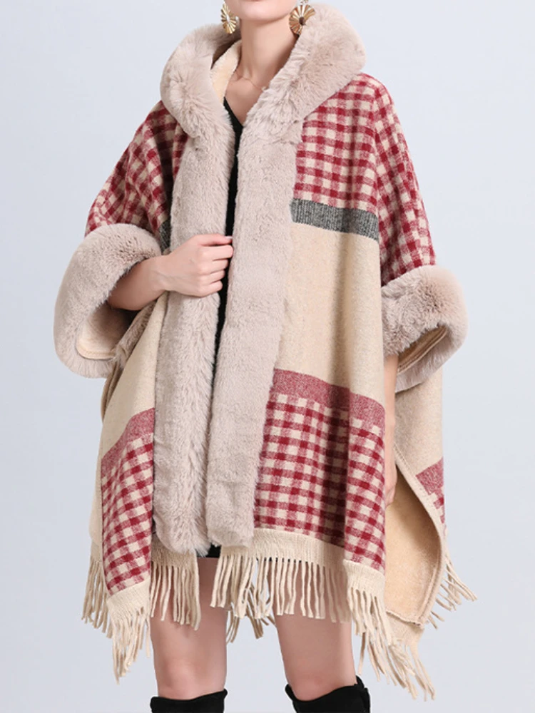 Женская меховая накидка, Элегантный Повседневный Кардиган с меховым воротником и капюшоном, шаль, пальто, зимнее пончо оверсайз, Женское пальто с кисточками и рукавом летучая мышь