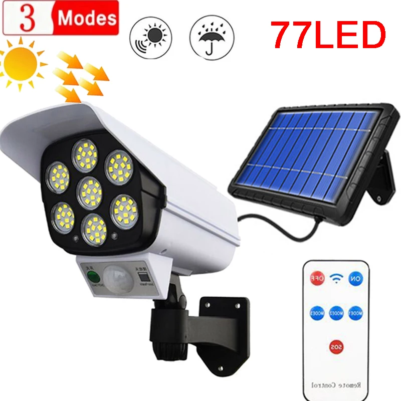 

77 LED Solar Street Light 3 Modes Monitoring Fake Camera Body Induction Wall Lamp IP66 Waterproof Motion Sensor Garden Lighting