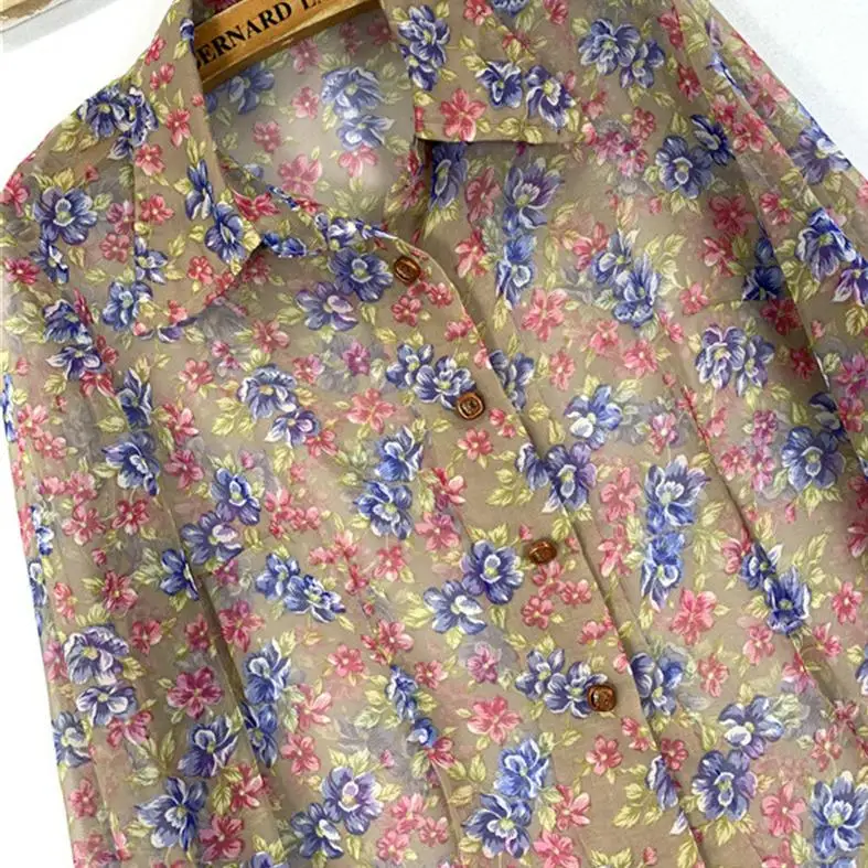 Vintage Retro Floral Idle Sle Loose Long sleeve Chiffon Shirts Japan fashion Print BF Shirt