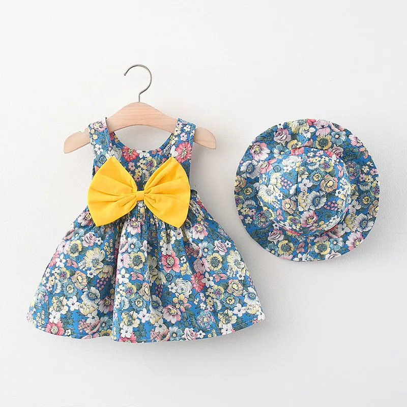

Baby Girl Princess Dress Infant Cute Clothes Toddler Floral Suspender Bow Dresses + Print Hat Children Summer Fashion Clothing