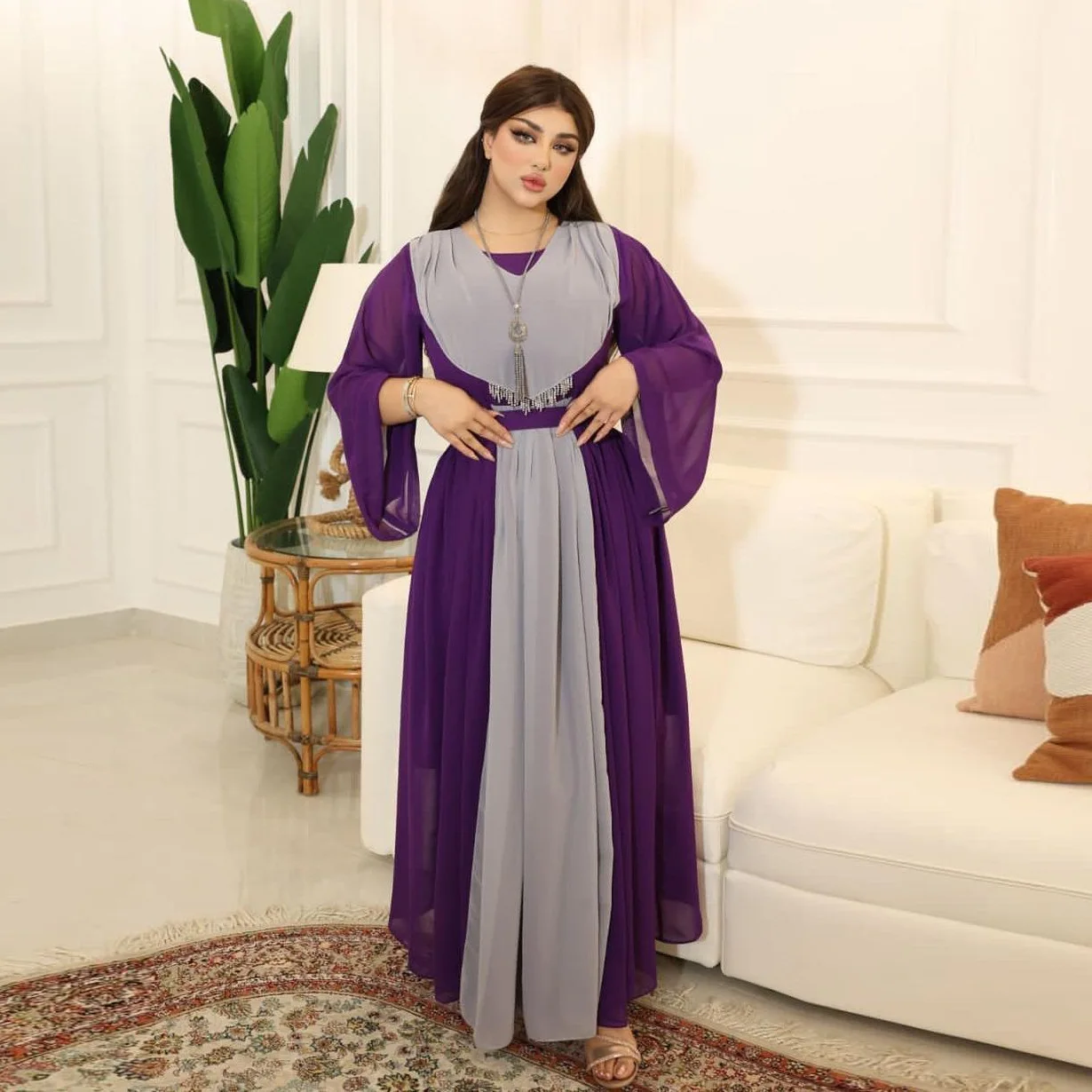 Ab253 Muslim Large Swing Dress Fashion Purple Chiffon Hand-Stitched Tassel Dubai Plus Size Women's Clothing  Eid Abaya
