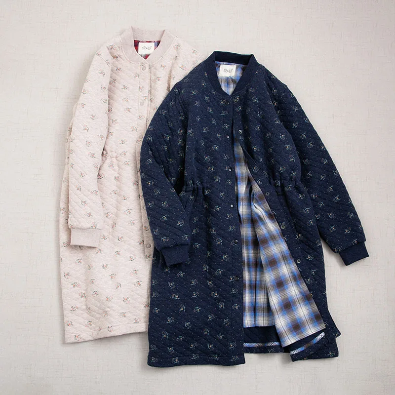

Spring Autumn Women Loose Japan Style Floral Print Drawstring Waist Comfortable Lozenge Quilted Cotton Padded Long Jacket Coats