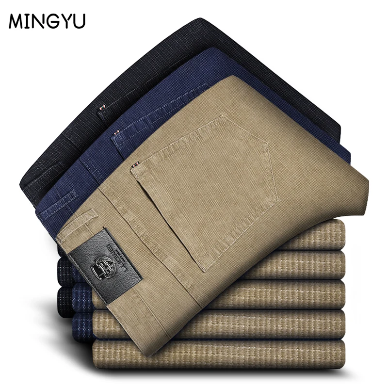 Autumn Winter Men's Thick Corduroy Casual Pants Business Straight Fit Fashion Stretch Brown Trousers Male Brand Clothes 30-40